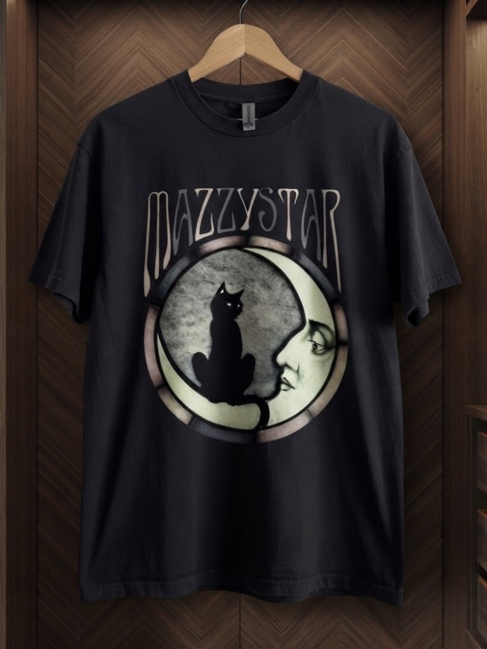 Mazzy Star Black Cat Crescent Moon Face Alternative Rock Band Vintage Tee